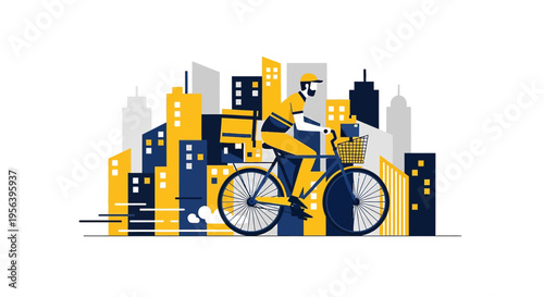 Delivery cyclist in a stylized city scape provides efficient and eco conscious service