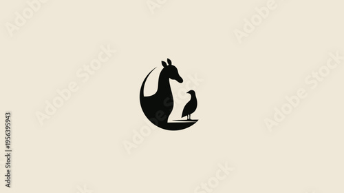 Modern minimalist animal logo design with black silhouettes of a llama and an eagle, integrated into a circular shape, symbolic wildlife.