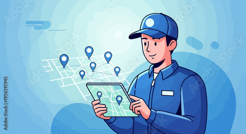 Delivery driver with a tablet navigating a route using location pinpoint markers graphic