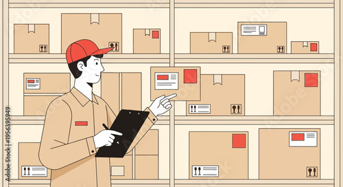 Delivery man checking inventory in a warehouse with organized shelves full of cardboard boxes