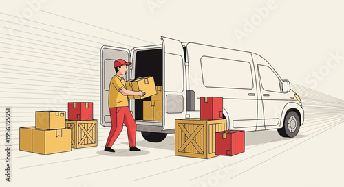 Delivery professional carefully loads packages into a white van for distribution process