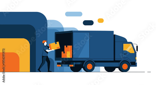 Delivery professional unloading packages from truck depicted in sleek vector design