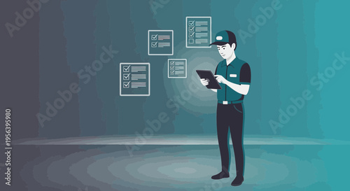 Delivery professional using a digital tablet to manage and verify delivery documentation