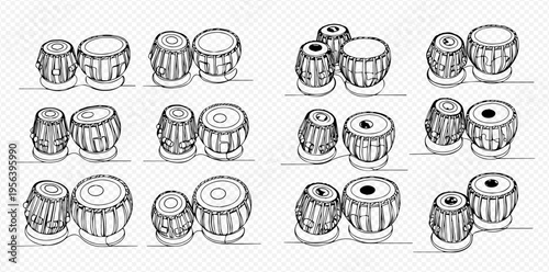 Set of hand-drawn Indian Tabla drums in various arrangements, black and white sketch style.