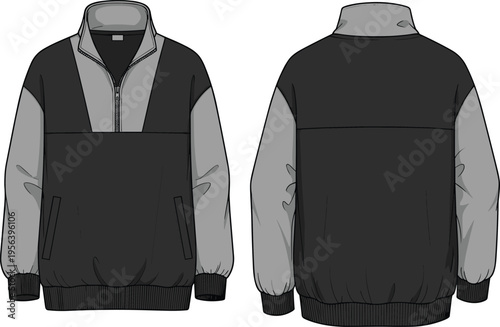 Black and gray color block half zip pullover jacket vector illustration front and back view sporty casual outerwear design