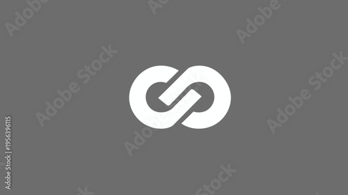 Abstract white interlocking loop symbol on a solid grey background, representing infinity, connection, collaboration, and continuous flow.