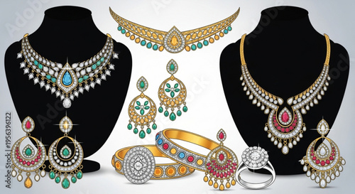 Vibrant indian traditional jewelry set with colorful gemstones and pearls on black display stands