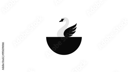 Elegant minimalist swan symbol in a black semicircular bowl icon. Modern abstract graphic design representing grace and nature.