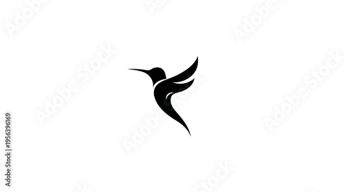 Stylized Black Hummingbird Silhouette Logo Icon Design. Modern Abstract Bird in Flight Graphic Element on White Background.