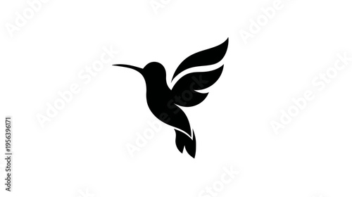 Elegant black hummingbird silhouette in flight. Minimalist vector illustration of a small bird, isolated on white background.