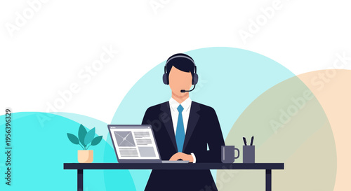 Dedicated customer support representative illustration working from his desk with headset