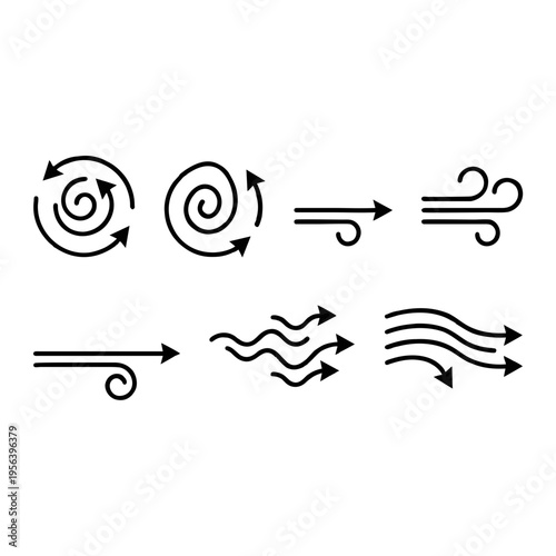 Vector graphic illustration of various wind direction symbols and arrows