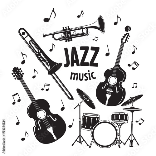 Jazz music silhouette instruments illustration with musical notes and silhouette