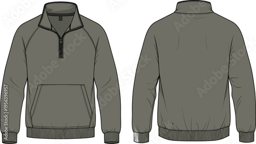 Gray half zip pullover hoodie sweatshirt vector illustration front and back view modern casual sporty outerwear apparel design