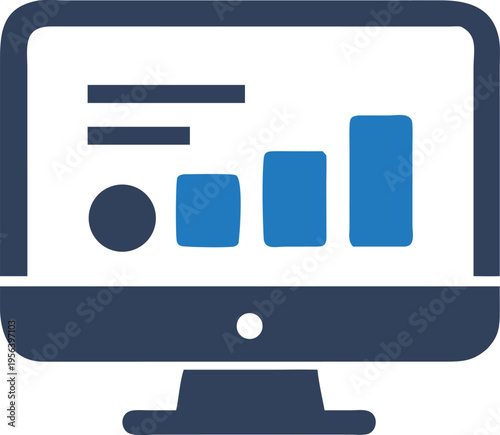 The monitor displays financial data with bar charts and circle elements in navy blue