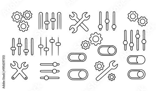 Outline Settings UI Icons Pack – Minimal Gear Wrench and Slider Symbols Vector