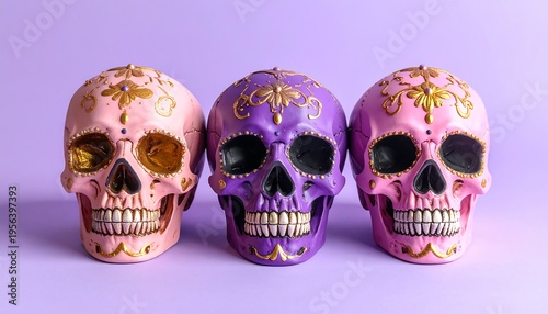 Wallpaper Mural Three Decorated Sugar Skulls on Purple Background. Torontodigital.ca