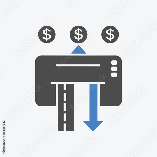Currency drops into the dark machine with a bright blue downward facing arrow guide