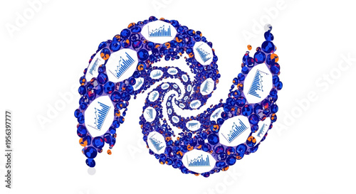 A complex circular torus composition of blue digital rings, charts, and connectivity lines representing big data infrastructure and infinite analytics.