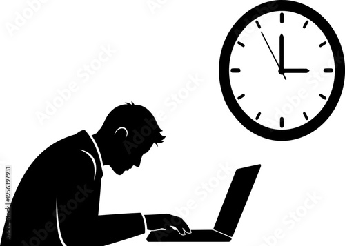 Freelancer Working Overtime on Laptop at Desk Silhouette.