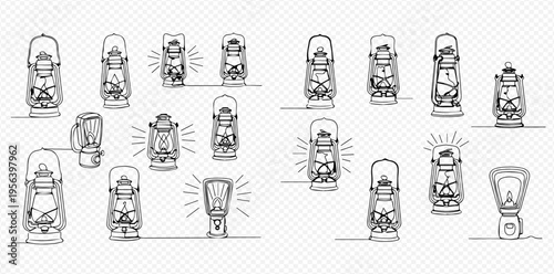 Set of Hand-Drawn Outline Illustrations of Vintage Kerosene Lamps and Modern Camping Lanterns.