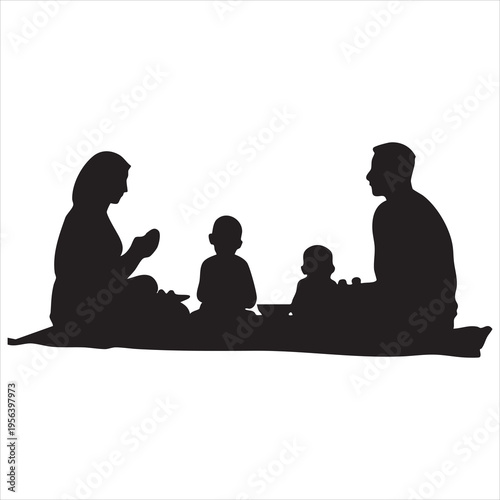  Family sitting together eating eid feast in silhouette on white background