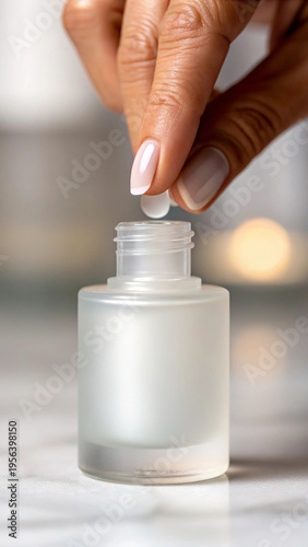 Skincare routine toner minimal beauty concept hand holding tablet dropper over frosted glass cosmetic bottle on marble counter