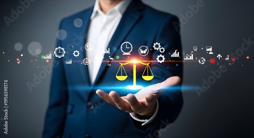 Businessman presenting a glowing scale with digital icons