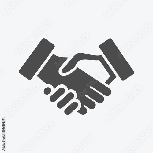 Two dark gray hands are depicted firmly grasping one another in a formal handshake