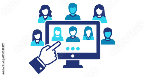 Team Interaction via Computer Screen Hand Selecting Profile Diverse Group Communication Concept Flat Design Style