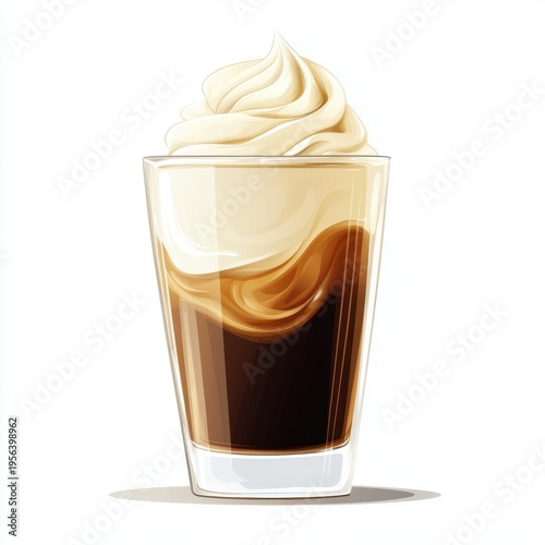 A delicious glass of iced coffee topped with creamy whipped cream, showcasing rich dark and light layers.
