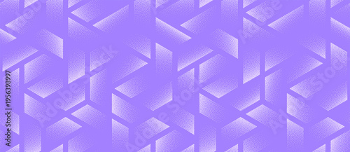 Vector abstract wide panoramic background with bold halftone chevron structure in violet tones. Grainy texture creates digital light effect for technology, security, business and futuristic UI layouts