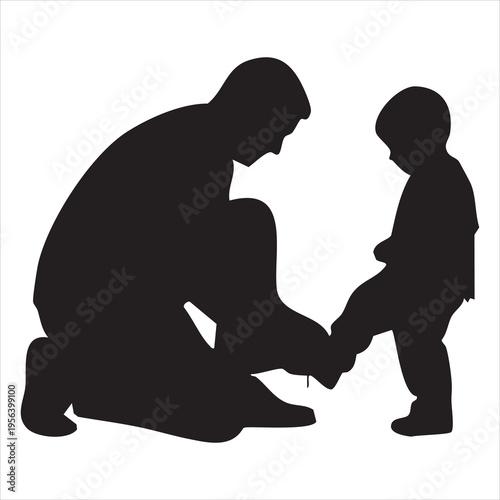  Father tying shoelaces for his son, fatherhood and childhood support, tender family moment, silhouette illustration.
