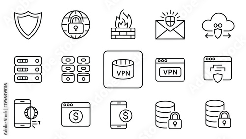 Set of cybersecurity and online security icons including VPN, firewall, encryption, and data protection symbols.