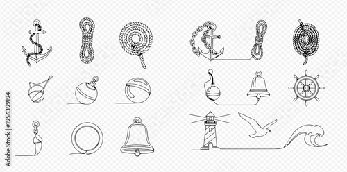 Set of nautical elements drawn in continuous line art style, including anchors, ropes, buoys, bells, lighthouse, seagull, and waves.