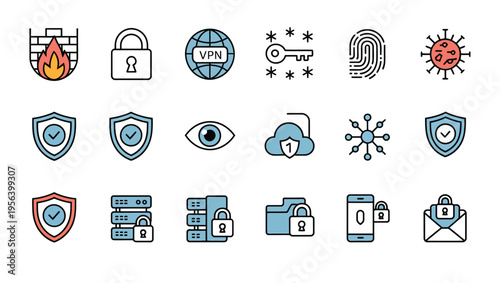 Collection of cybersecurity and data protection icons including shields, locks, and cloud storage symbols.