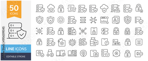 Collection of 50 line icons for business, technology, and communication concepts in EPS format