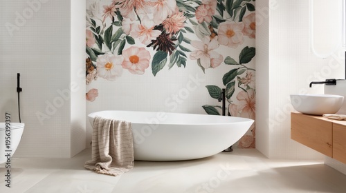 Modern bathroom features freestanding bathtub