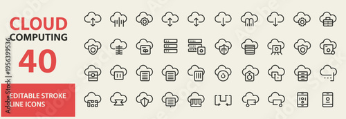 Editable stroke line icons for cloud computing services and technology concepts, including data storage and network connectivity