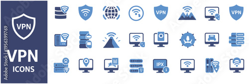 Collection of various blue VPN icons for secure internet browsing and online protection services.