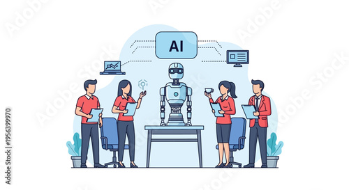 Team collaborating with AI robot in modern office setting