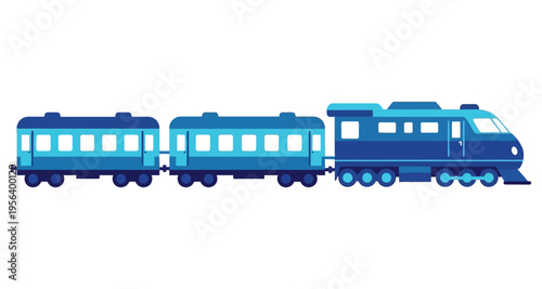 Blue Passenger Train with Three Cars Traveling on Tracks Isolated on White Background Flat Design Style