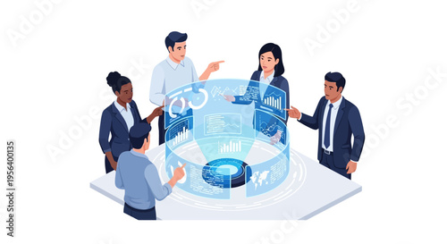 Business team analyzing data on interactive digital dashboard