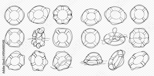 Set of hand-drawn lifebuoys and life rafts in various shapes and conditions, safety equipment for water rescue.