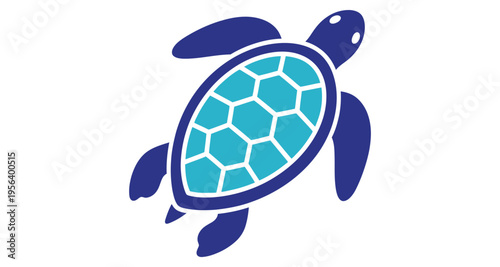 Blue Sea Turtle Swimming Underwater Marine Life Iconography Simple Vector Graphic