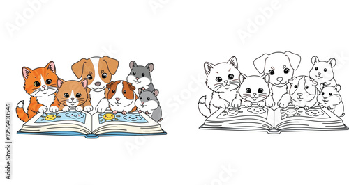 Cute cartoon baby animals reading a book including kittens, puppy, guinea pig and hamster. Color and black and white coloring page outline design.