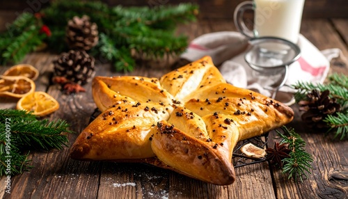 Wallpaper Mural Festive Star-Shaped Pastry with Chocolate Chips and Christmas Decorations. Torontodigital.ca