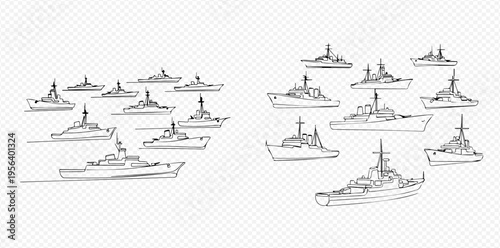 Continuous Line Drawing of Naval Warships and Military Boats in a Fleet Formation.