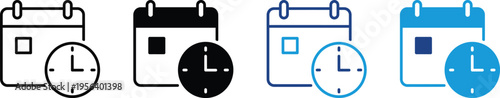 A set of four calendar and clock icons in different colors and styles