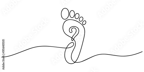 Footprint with question mark continuous one line drawing, One continuous line illustration of an footprint , isolated on white background, Continuous Line Question Mark, Minimalist Black Vector pro. 